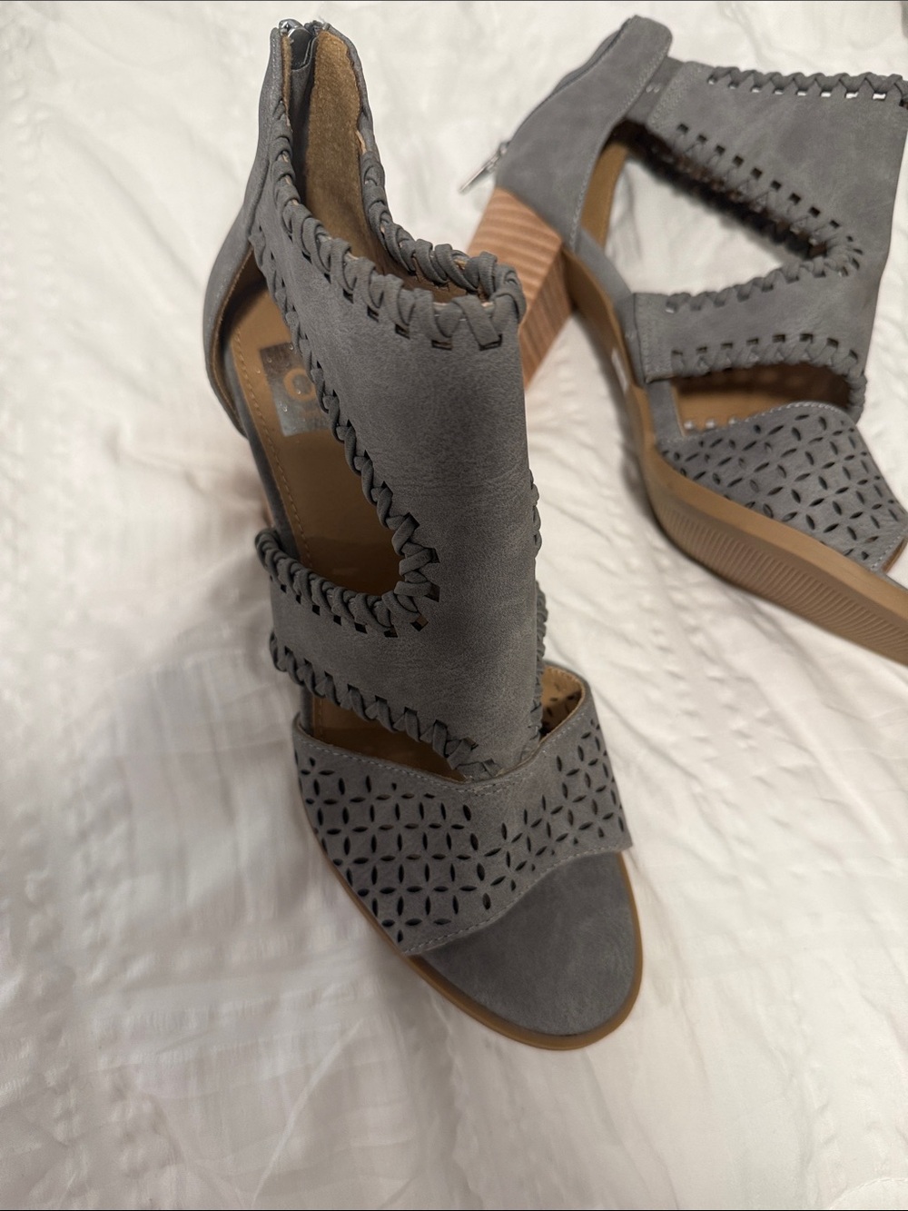 Dolce Vita Gray Suede Laser-Cut Block Heel Sandals